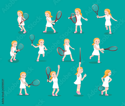 Various Tennis Poses Girl Cartoon Vector Illustration