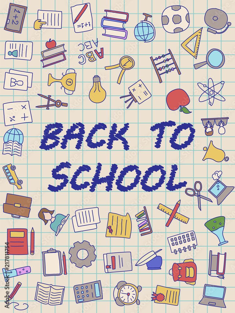 Welcome Back to School poster with doodles, good for textile fabric design, wrapping paper and website wallpapers