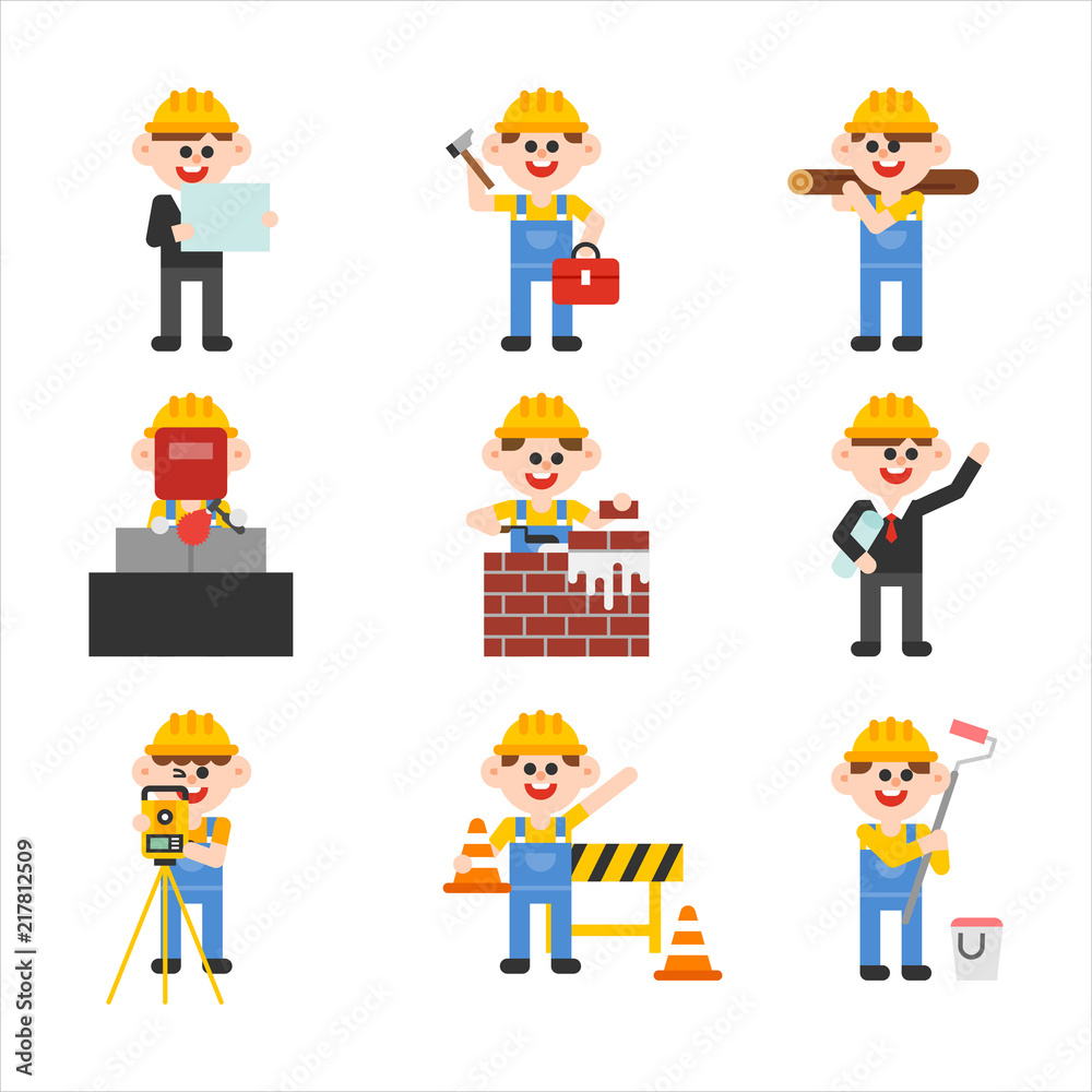 Cute characters working at the construction site. flat design style vector graphic illustration set Cute characters working at the construction site. flat design style vector graphic illustration set