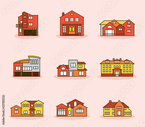 outline style houses and buildings icons flat design style vector graphic illustration set