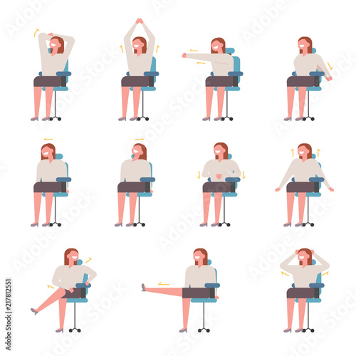 Stretching exercises for women at work for health. flat design style vector graphic illustration set