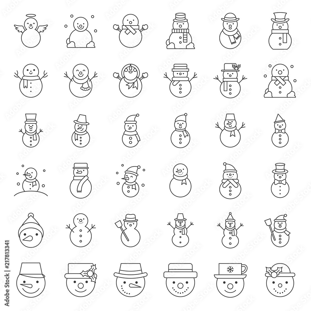 cute snowman in various design with hat, tea cup, scarf and Christmas hat, thin line icon