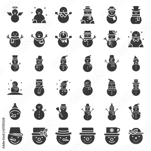 cute snowman in various design with hat, tea cup, scarf and Christmas hat, glyph icon