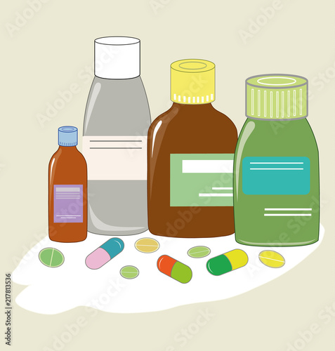 Flat drawing of medicines. Collection of medicine. Bottles with labels. Vector