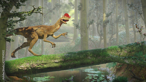 Dilophosaurus, theropod dinosaur inside a forest (3d illustration) © dottedyeti