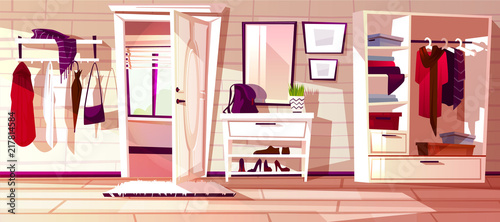 Vector cartoon hallway with open white door. Interior background of house. Furniture - closet with shelves, rack and hangers with clothes. Cozy antechamber with window, carpet. Corridor to exit, lobby
