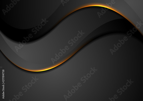 Black abstract wavy background with orange fiery light