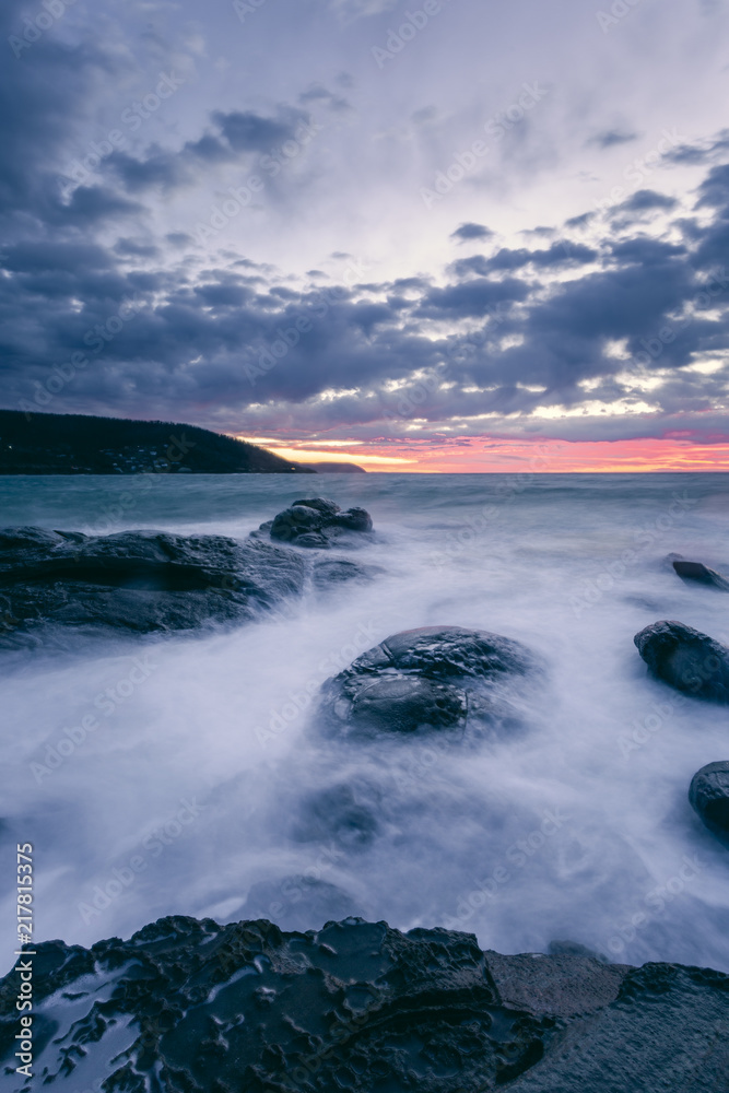 Waves and Rocks at Beach at Sunrise, 