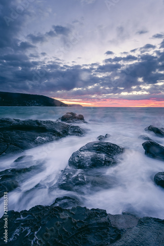 Waves and Rocks at Beach at Sunrise, 