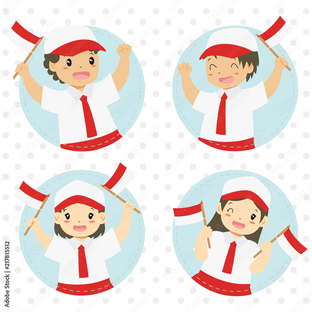 Happy Indonesian students holding flags, cartoon vector set. Indonesian