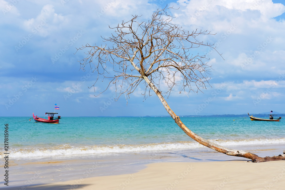 Fototapeta premium Amazing landscape of Andaman Sea, Thailand. Blue sky, azure water and fishing boat. Concept: travel destination, exotic place