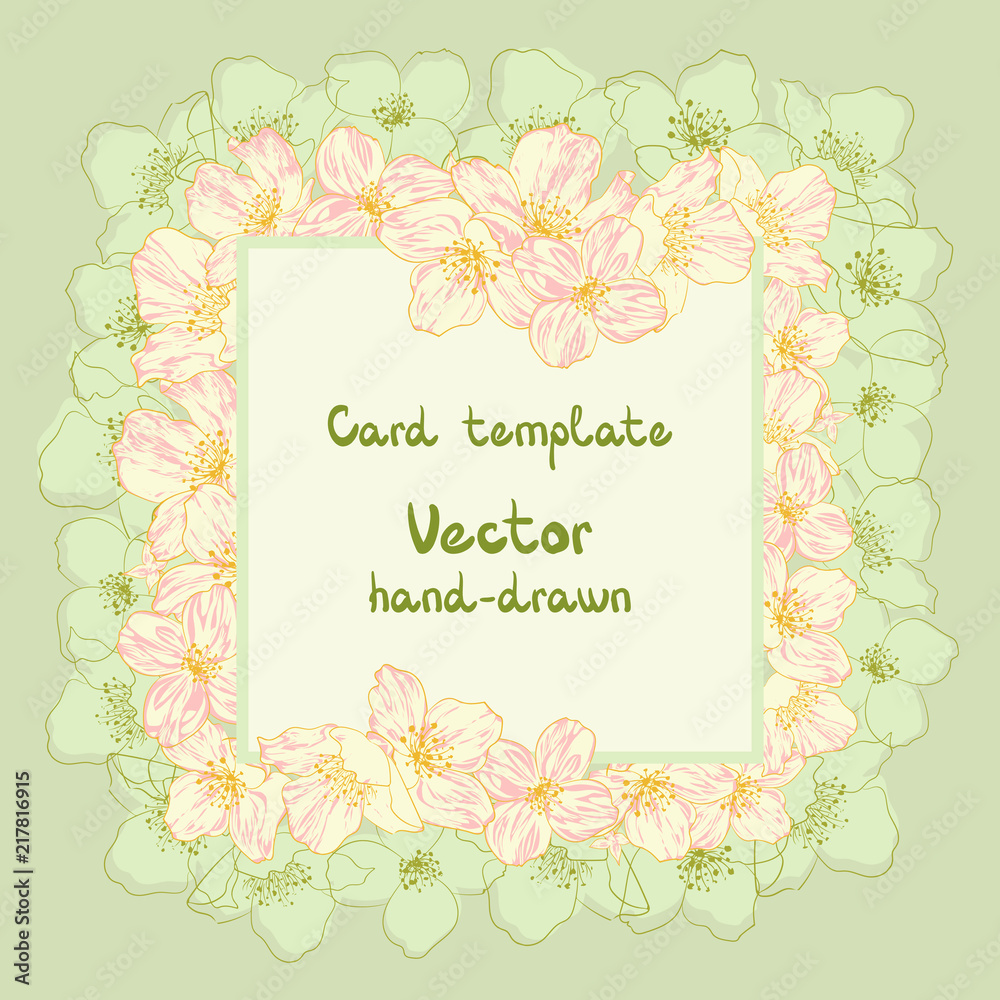 Vector frame with outline jasmine flowers. Blossom.