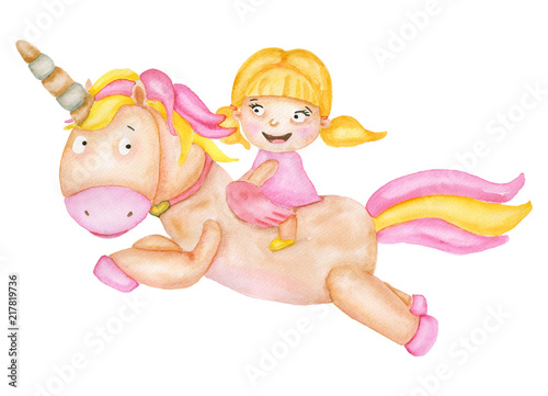 Watercolor girl flys on fairy unicorn. Children's watercolor illustration isolated on white background. Magic horse with child for baby shower card, birthday postcard, poster.