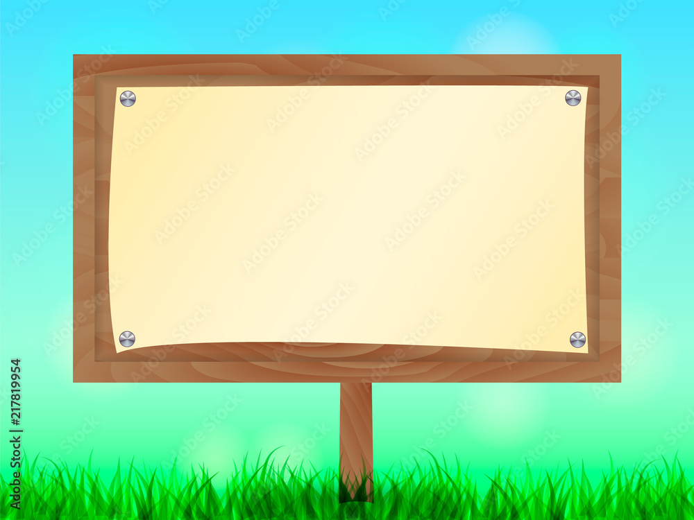 Green meadow. Wooden billboard. Space for text. Vector illustration Green meadow. Wooden billboard. Space for text. Vector illustration
