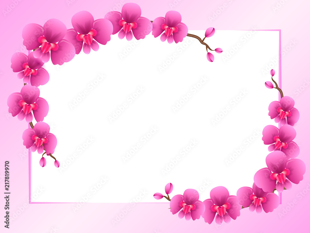 Two branches of pink orchid flowers. Frame. Space for text. Vector illustration