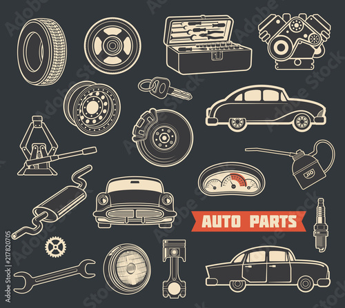 Auto parts retro symbols with vintage car details