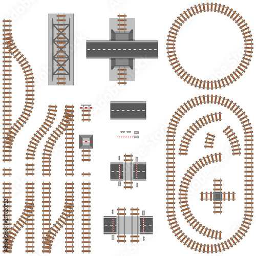Railway constructor, top view. Crossroads of the railroad and highway.