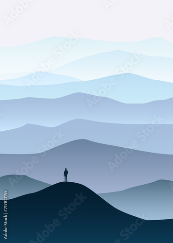 Minimalistic mountain landscape, silhouettes, open your world, lonely explorer, horizon, perspective, vector, illustration, isolated