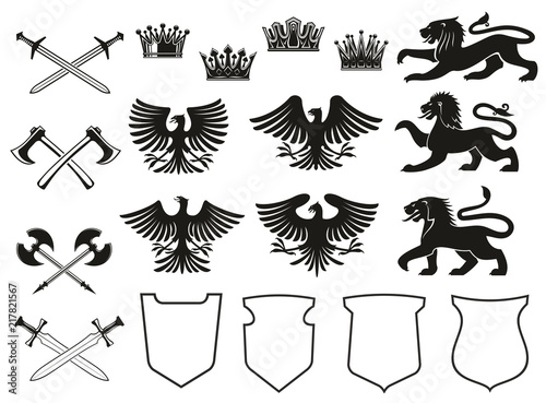 Heraldic element of animal, bird, crown and shield