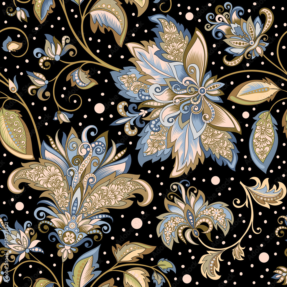 Fototapeta vintage pattern with decorative flowers on a black background