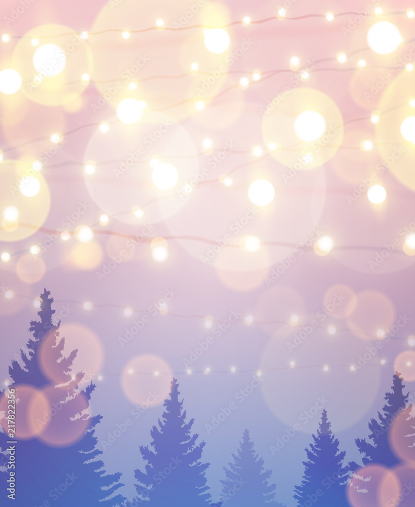 Naklejka premium Beautiful background with blurred christmas lights and fir trees. Vector illustration eps10.