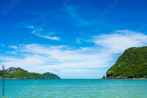 Wide view of sea and the island with blue sky