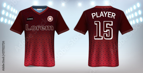 	 Soccer Jersey and Sportswear T-Shirt Mockup Template, Realistic Graphic Design Front and Back View for Football Kit Uniforms, Easy Possibility to Apply Your Artwork, Text, Image, Logo