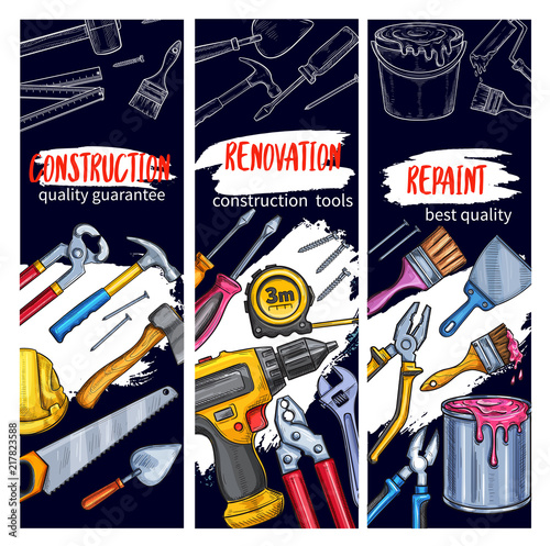 House repair and painting work tool sketch banner