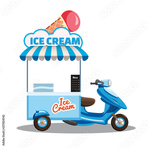 Ice cream street food cart, scooter, moped, truck, with fresh Cones, Sticks, Buckets, Sherbet, Rolled Ice Cream, Soft Serve, Frozen Yogurt, Gelato, Kulfi, Sorbet, Faloodeh. Colorful illustration, cute