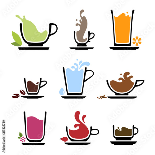 Set of splash silhouette cup of tea, coffee, water, milk or juice. Color icons of beverages. JPG include isolated path