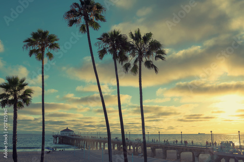 Manhattan Beach at sunset in California  Los Angeles  USA. Vintage processed. 