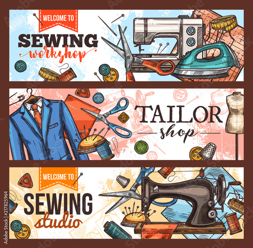Sewing and tailor shop banner with atelier tool