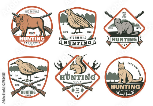 Hunting animal, bird with rifle retro shield badge