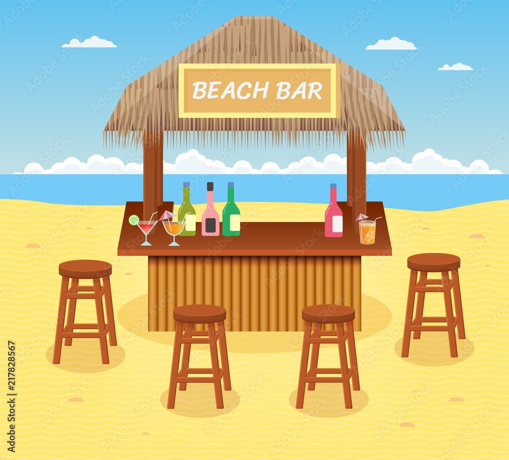 Beach bar with cocktails and drinks. Concept of summer vacation. Cartoon style. Vector illustration.