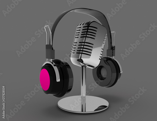 Vintage microphone and headphones . 3d rendered illustrationv