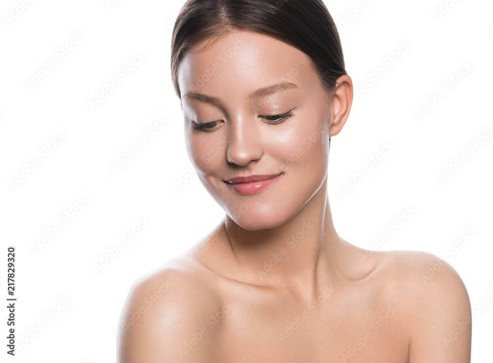 Beauty skin care woman face closeup isolated on white, healthy skin beautiful female portrait Beauty skin care woman face closeup isolated on white, healthy skin beautiful female portrait
