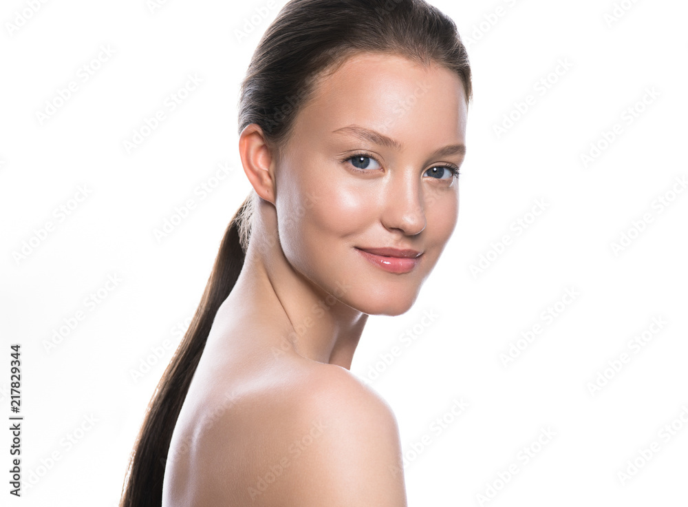 Beauty skin care woman face closeup isolated on white, healthy skin beautiful female portrait
