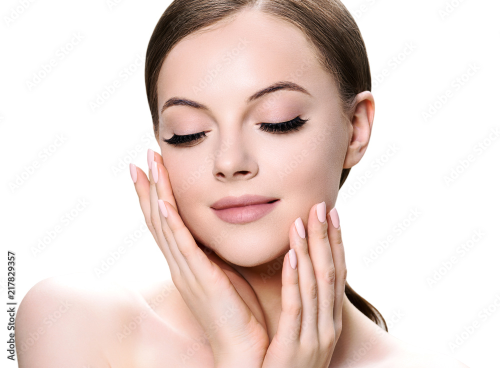 Beauty skin care woman face closeup isolated on white, healthy skin beautiful female portrait Beauty skin care woman face closeup isolated on white, healthy skin beautiful female portrait