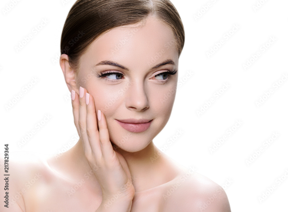 Beautiful brunette woman with beauty lashes and pink lipstick healthy skin isolated on white Beautiful brunette woman with beauty lashes and pink lipstick healthy skin isolated on white