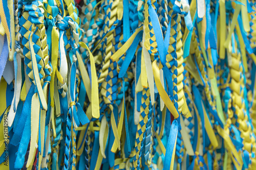 Schilderij op canvas .Background from ribbons of the Ukrainian flag. Maidan, revolution of dignity.