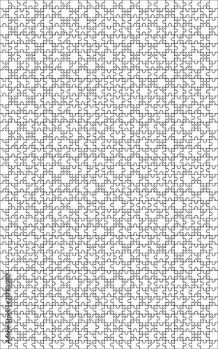 1000 white puzzles pieces arranged in a 25x40 vertical rectangle shape. Jigsaw Puzzle template ready for print. Cutting guidelines on white photo