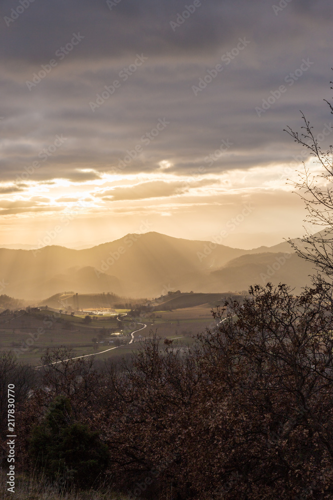 Sunrays coming over a valley in Umbria (Italy) with some plants in the foreground