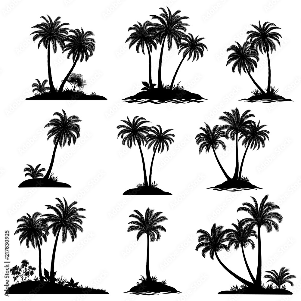 Obraz premium Ustaw egzotyczne krajobrazy, morze wyspy z palmami, roślin tropikalnych i czarne sylwetki trawy na białym tle. Wektor
