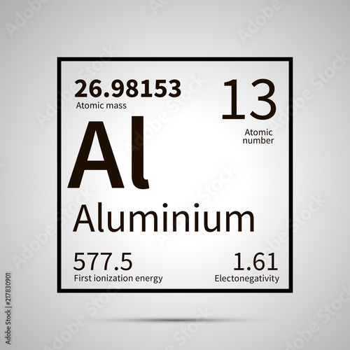 Aluminium chemical element with first ionization energy, atomic mass and electronegativity values ,simple black icon with shadow