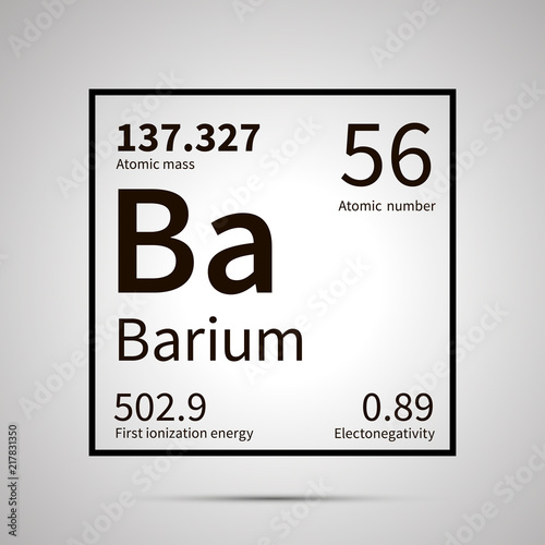 Barium chemical element with first ionization energy, atomic mass and electronegativity values ,simple black icon with shadow