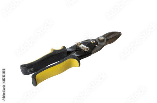 Tableau sur toile Tool tinsmith. Scissors on metal and a metal ruler.