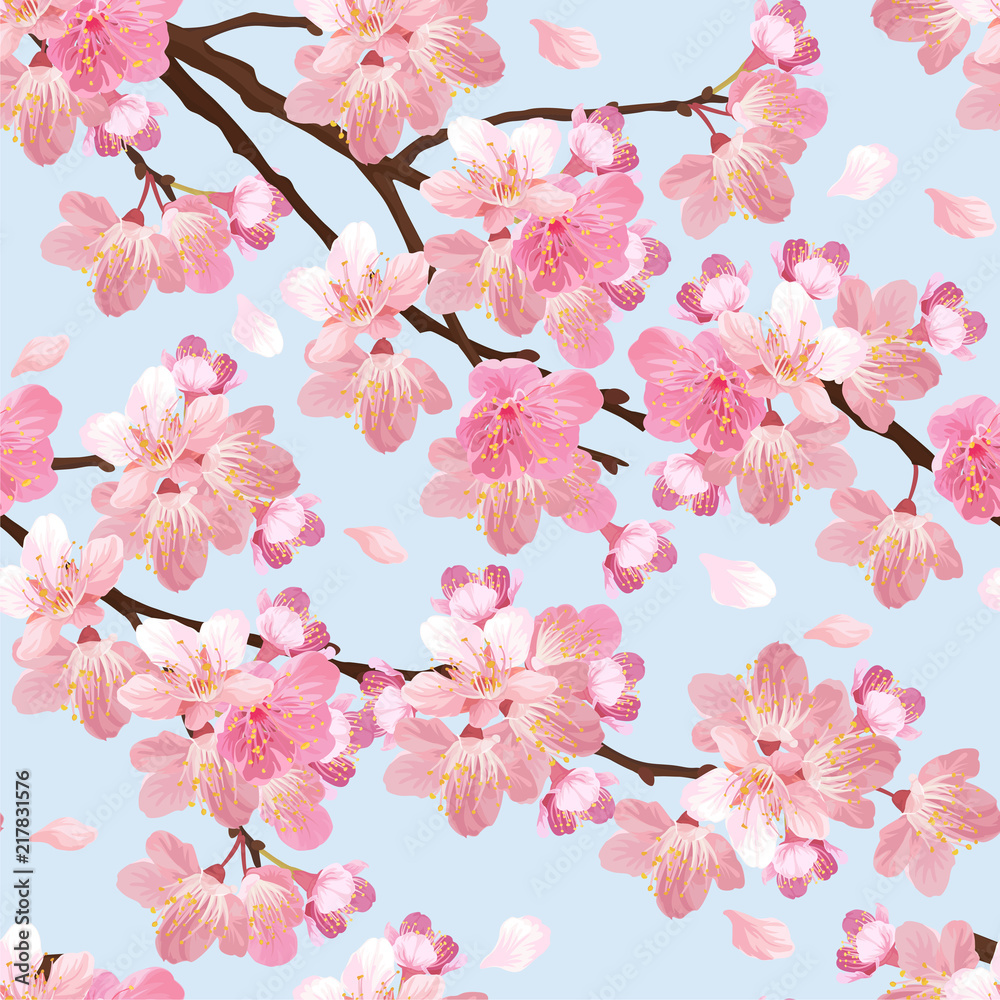 Seamless pattern of sakura flowers background template. Vector set of blooming floral for holiday invitations, greeting card and fashion design.