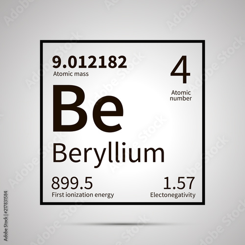 Beryllium chemical element with first ionization energy, atomic mass and electronegativity values ,simple black icon with shadow