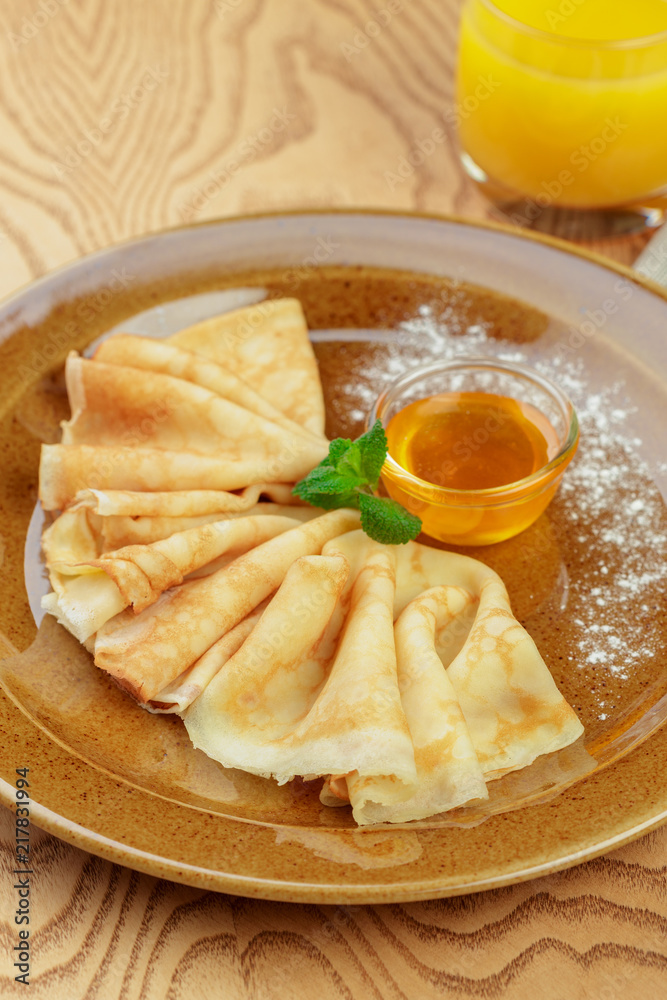 Russian pancakes healthy breakfast dish close up Russian pancakes healthy breakfast dish close up