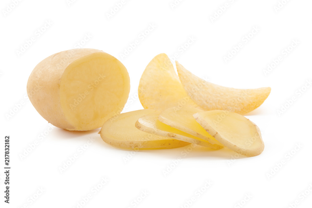 crispy chips and raw potato on white background crispy chips and raw potato on white background